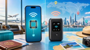 Colorful travel technology comparison of a smartphone eSIM and pocket WiFi device for international trips