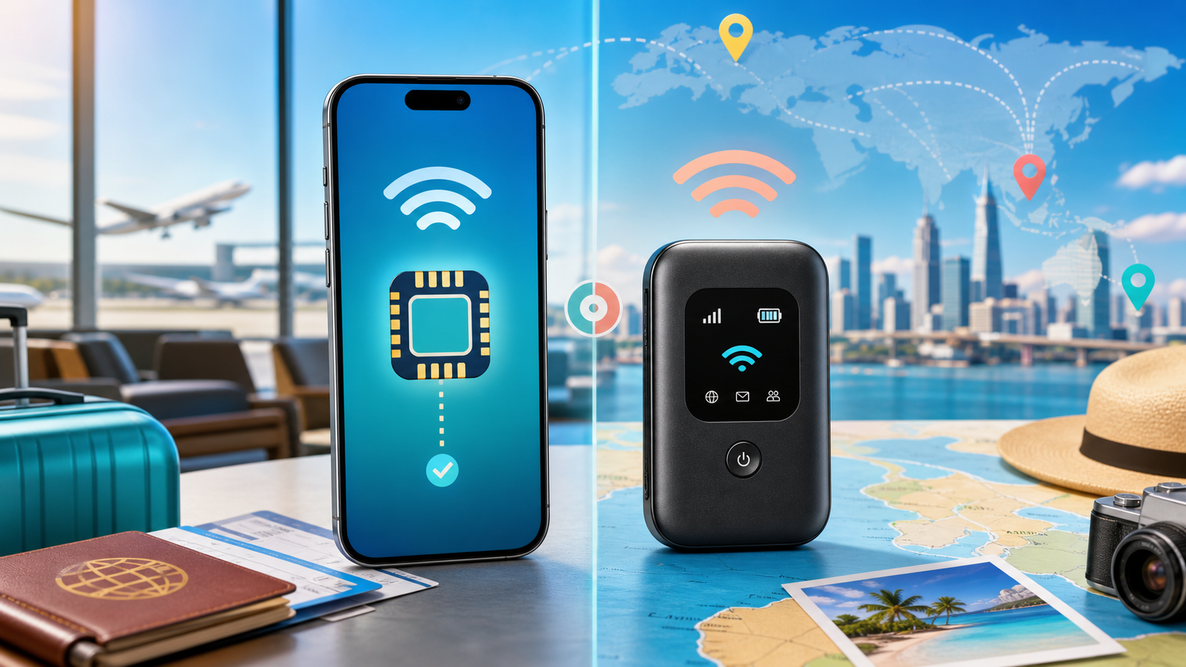 Colorful travel technology comparison of a smartphone eSIM and pocket WiFi device for international trips