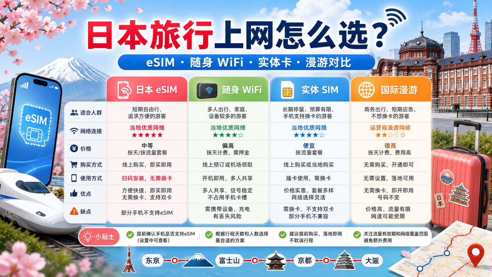 日本旅行上网方式对比：eSIM、随身 WiFi、实体 SIM 和国际漫游