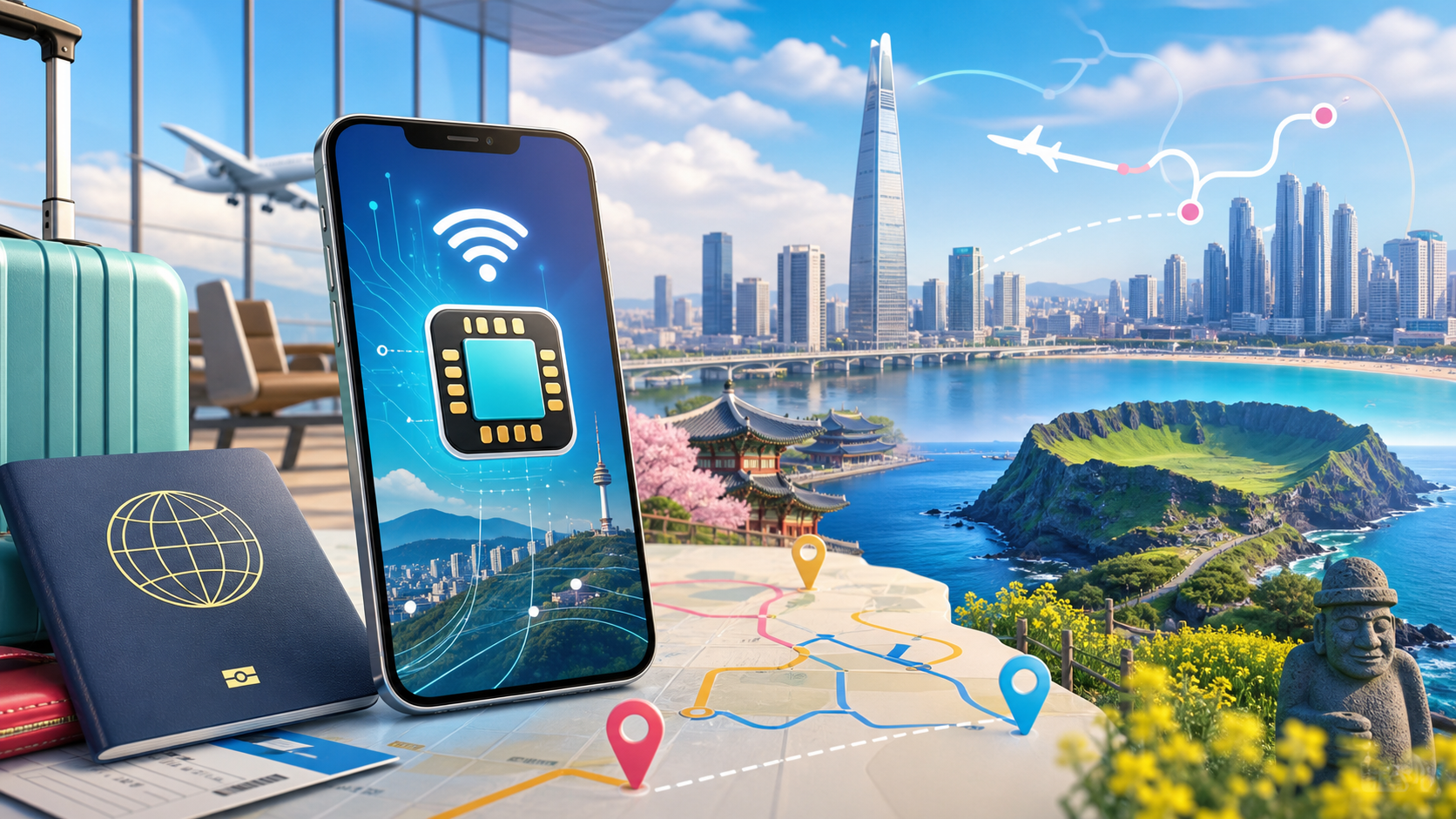 Colorful Korea travel eSIM guide image with smartphone, Seoul skyline and Jeju scenery