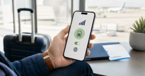 Traveler checking eSIM compatibility on a smartphone before a flight
