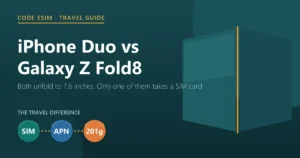iPhone Duo vs Galaxy Z Fold8 for travel: both unfold to 7.6 inches, Galaxy Z Fold8 lists a nano-SIM plus eSIM, iPhone Duo is eSIM-only