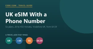 UK eSIM with a phone number: six plans include a UK mobile number and 20 to 450 calling minutes on Vodafone UK, from $4.59