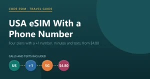 USA eSIM with a phone number: four plans include a +1 number, 10 to 100 minutes and 10 to 100 texts on T-Mobile and Verizon, from $4.80