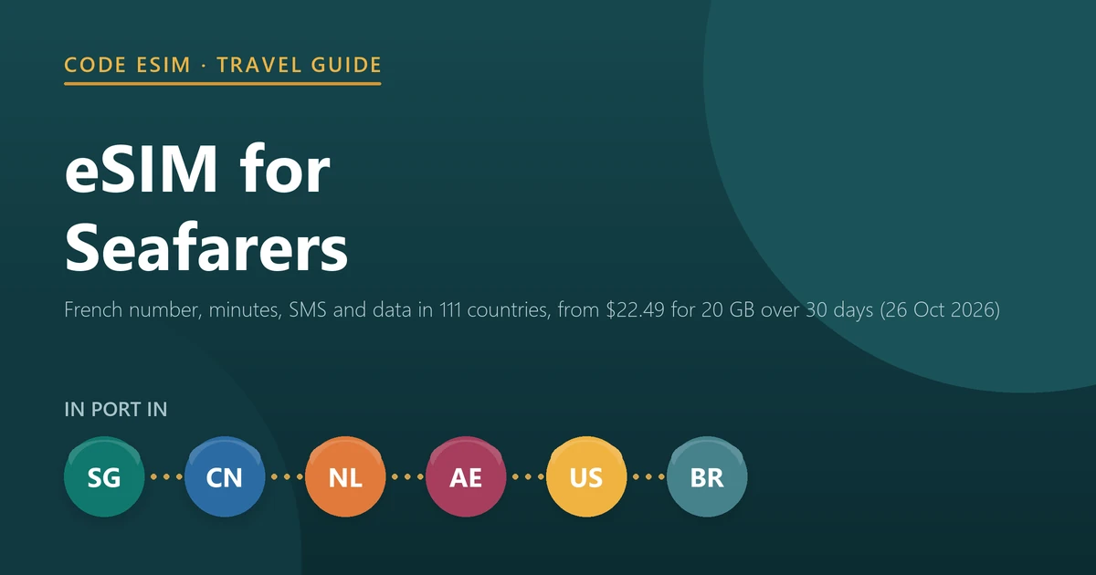 eSIM for seafarers in 2026: Orange plans with a French phone number, calls and SMS, and data in 111 countries for 30 days from $22.49, or 37 European countries with unlimited calls from $15.49, at Code eSIM on 26 October 2026